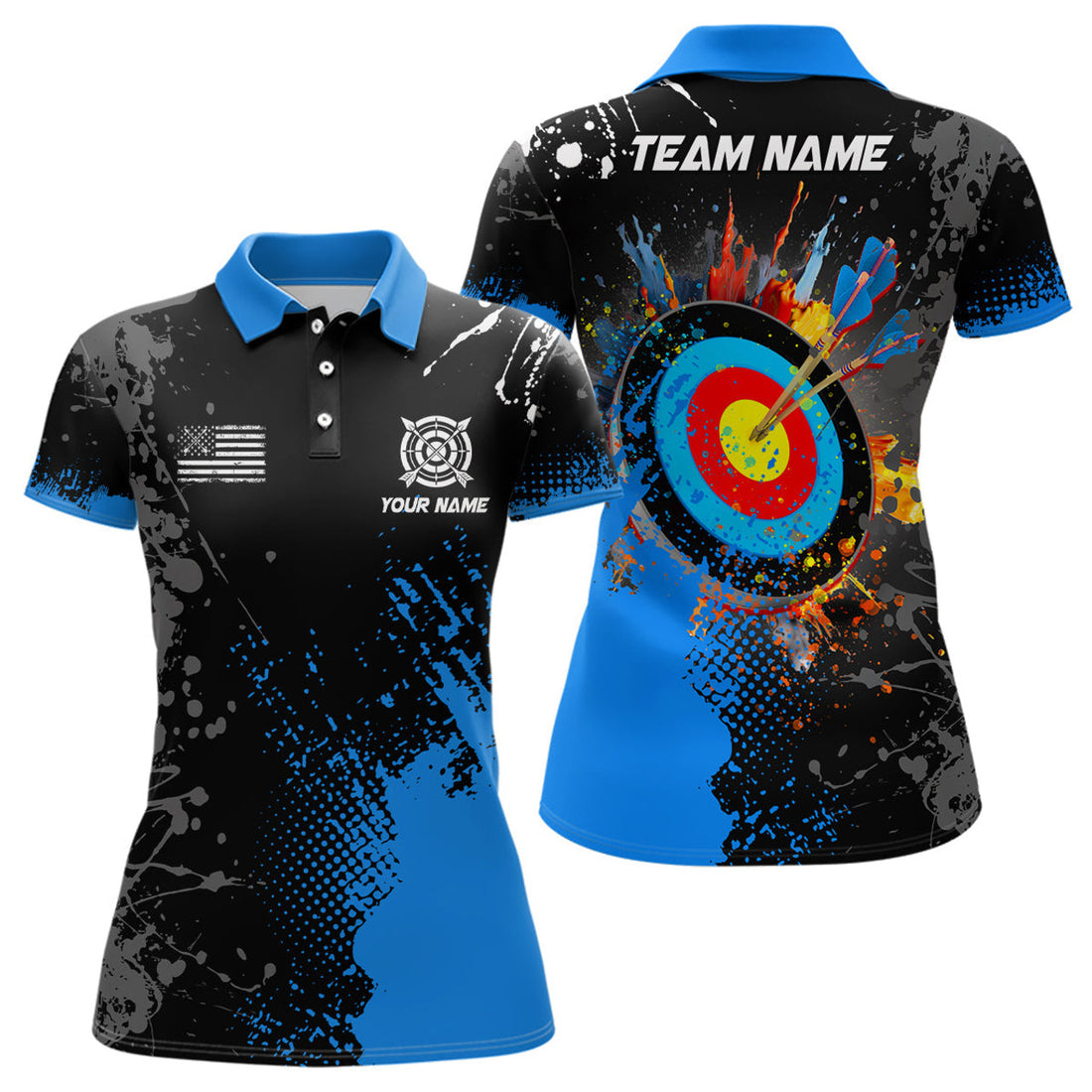 Custom Personalized Paint Blue 3D Target Archery Polo Shirts For Women Custom Name Archery Jerseys Attire