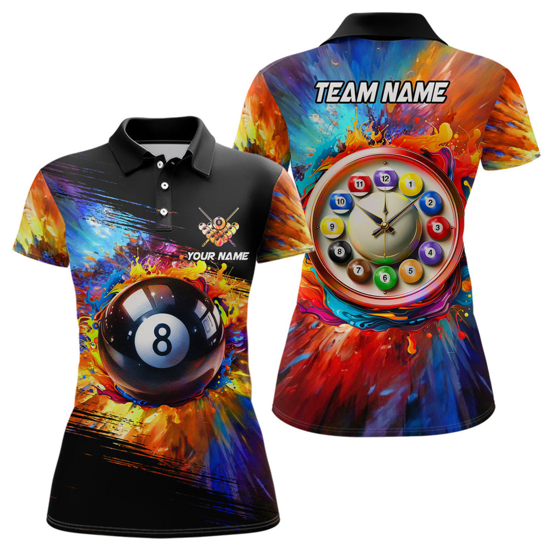 Custom Personalized Colorful Billiard Clock Shirts For Women, Custom Funny 8 Ball Pool Polo Shirts Design