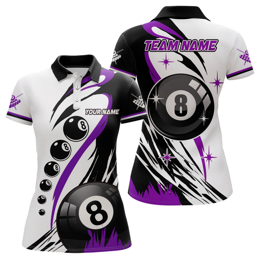 Custom Personalized Purple Jerseys Billiard 8 Ball Pool Women Polo Shirts, Best Custom Billiard Team Shirts