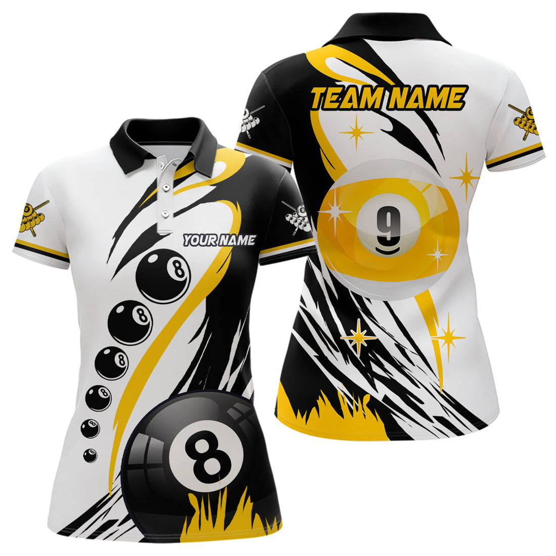 Custom Personalized Billiard 8 Ball & 9 Ball Women Polo Shirts, Custom Team Name Billiard Attire Jerseys