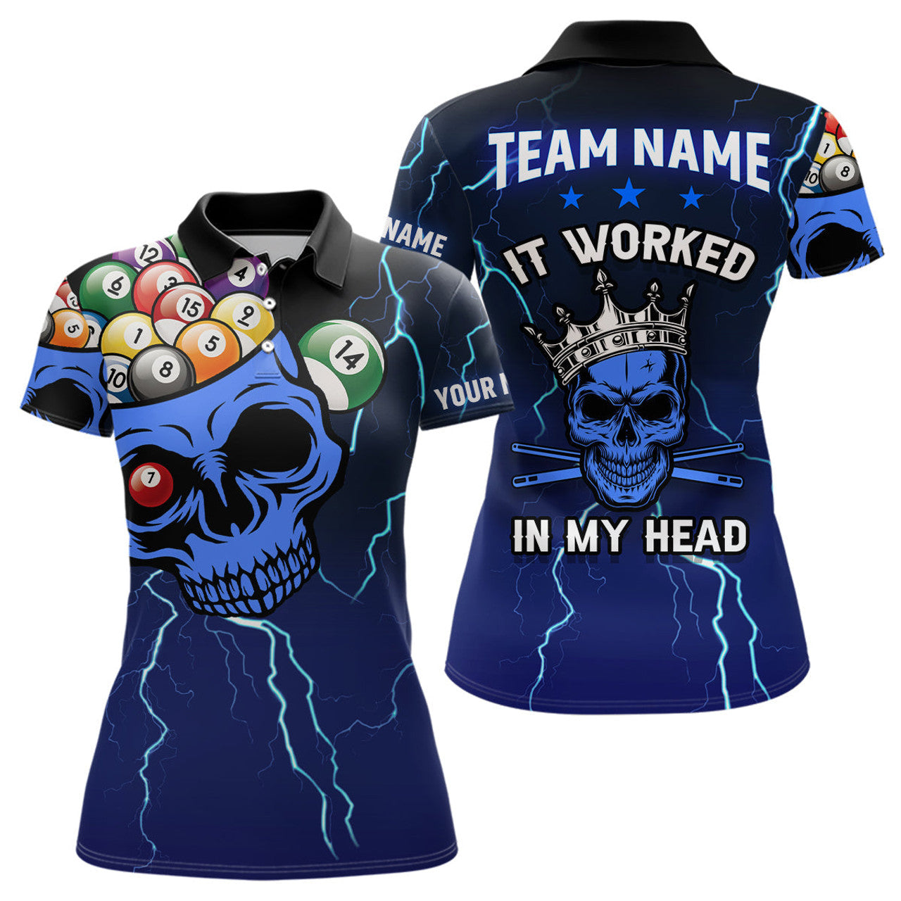 Custom Personalized It Worked In My Head 3D Skull Full Printing Billiards Polo Shirts For Women | Blue