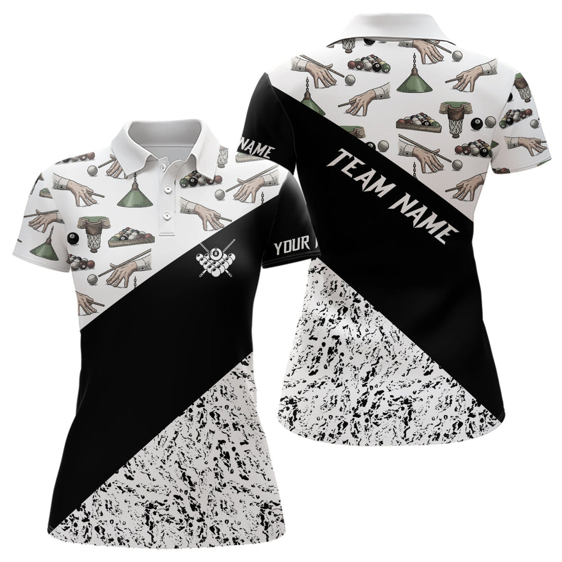 Custom Grunge Black White Full Printing Billiard Polo Shirts For Women, Best Billiard Shirts Design