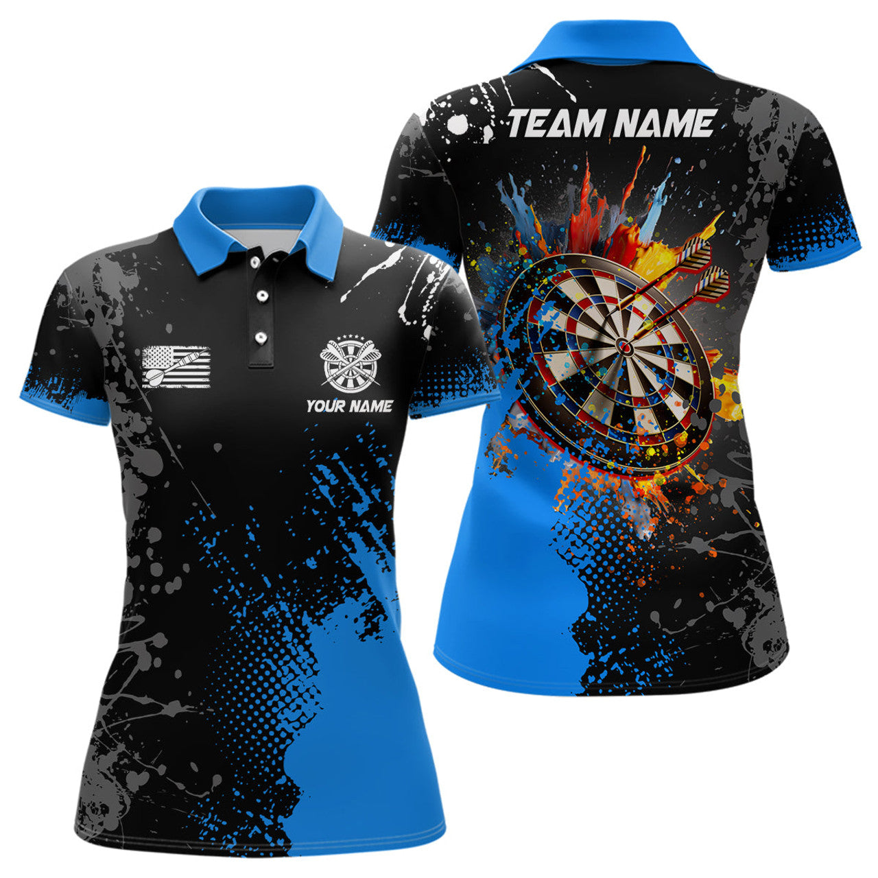 Custom Personalized Paint Blue 3D Dartboard Women Darts Polo Shirts Custom Dart Jerseys Attire For Team