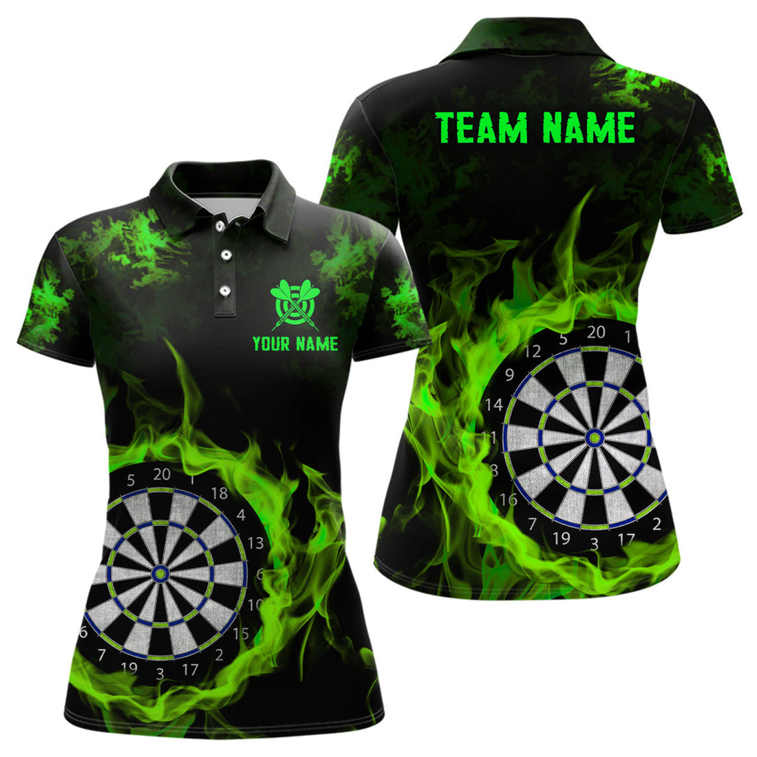 Custom Fire Flame Green Dartboard Women Dart Polo/ Custom Dart Shirts For Team Dart Jersey