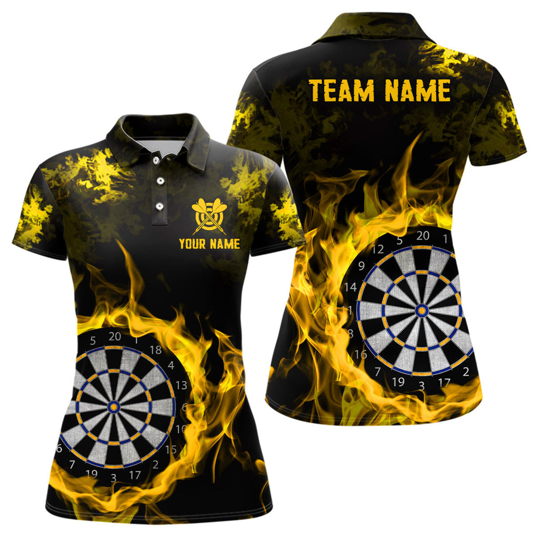 Custom Fire Flame Yellow Dartboard Women Dart Polo/ Custom Dart Shirt For Team Dart Jersey