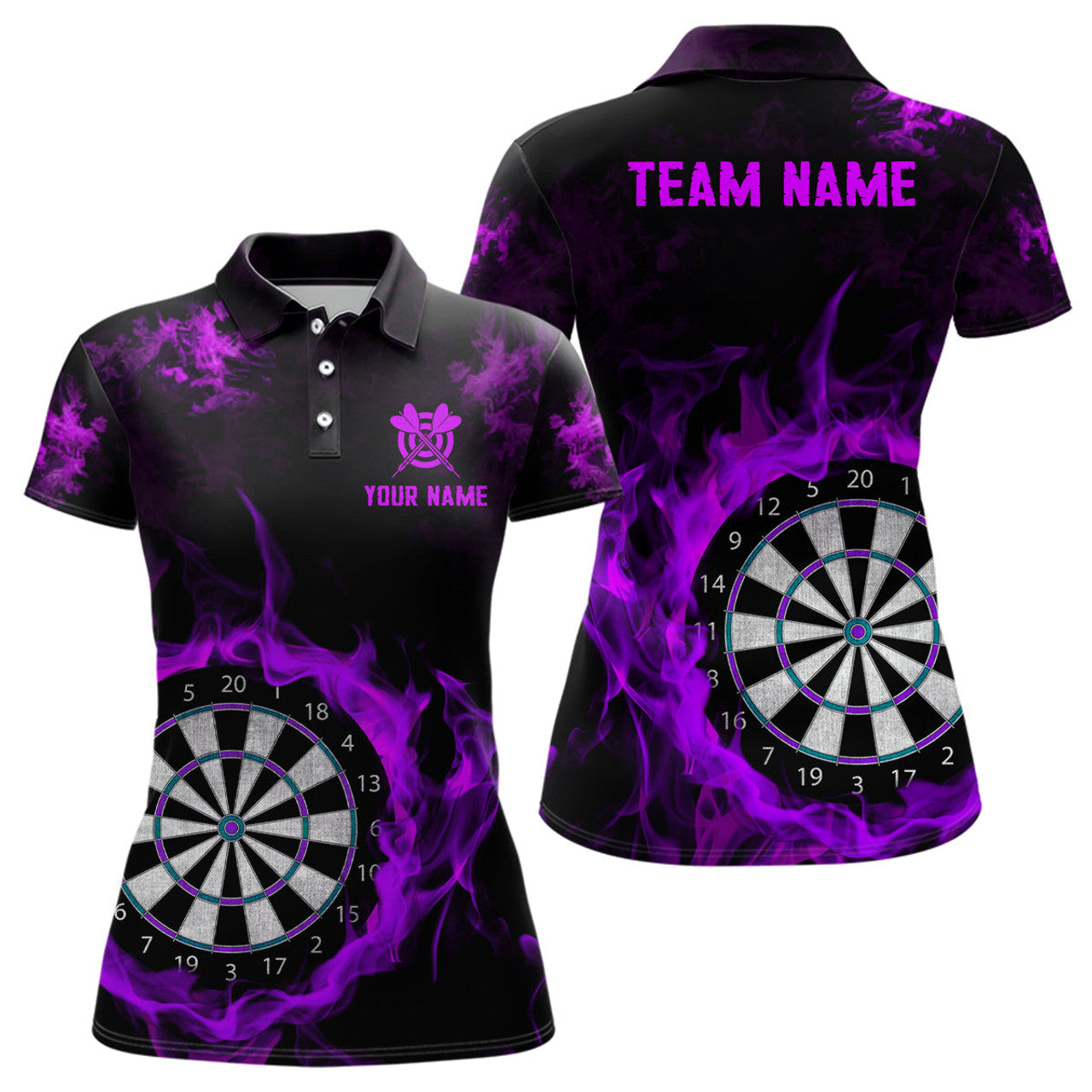 Custom Fire Flame Purple Dartboard Women Dart Polo/ Custom Dart Shirt For Team Dart Jersey