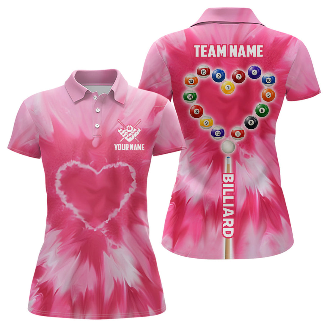 Custom Personalized Pink Tie Dye With Heart Billiard Women Polo Shirts, Billiard Valentines Day Shirts Gifts