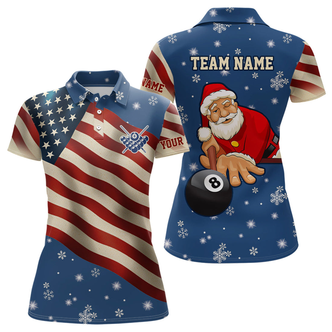 Custom Funny Christmas Santa And Billiard Custom Snowflake Women Polo Shirts, Patriotic USA Christmas Shirts