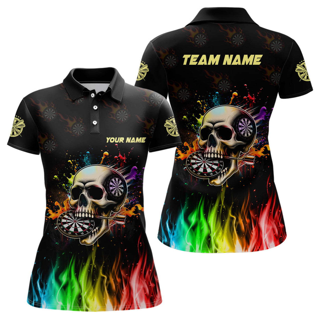Custom Personalized Funny 3D Darts Skull Colorful Fire Darts Polo Shirts For Women Custom Dart Team Jerseys