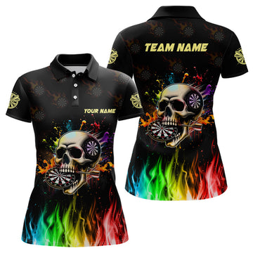 Custom Personalized Funny 3D Darts Skull Colorful Fire Darts Polo Shirts For Women Custom Dart Team Jerseys