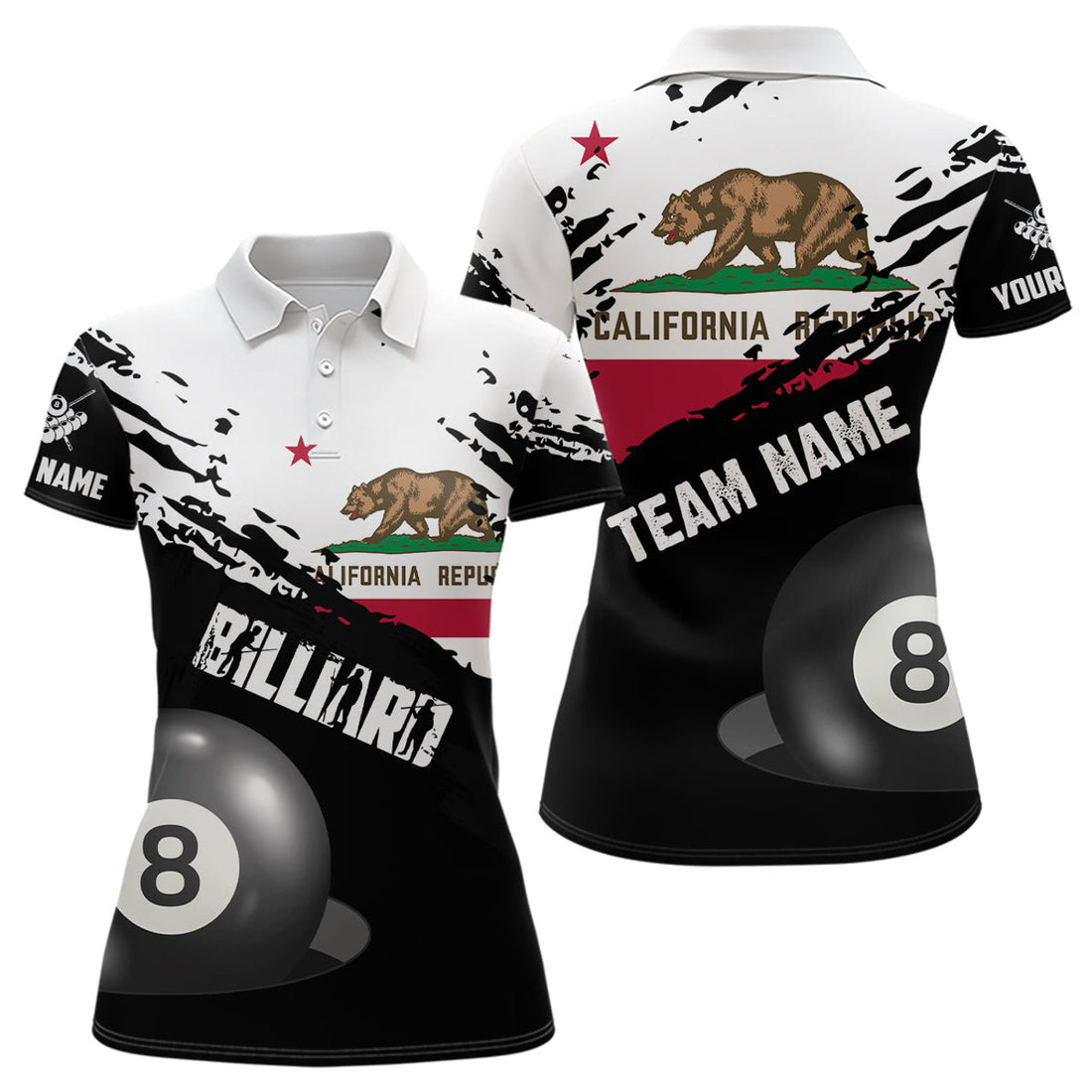 Custom Personalized Grunge California Flag 8 Ball Billiard Shirts For Women Custom Patriotic Billiard Jersey