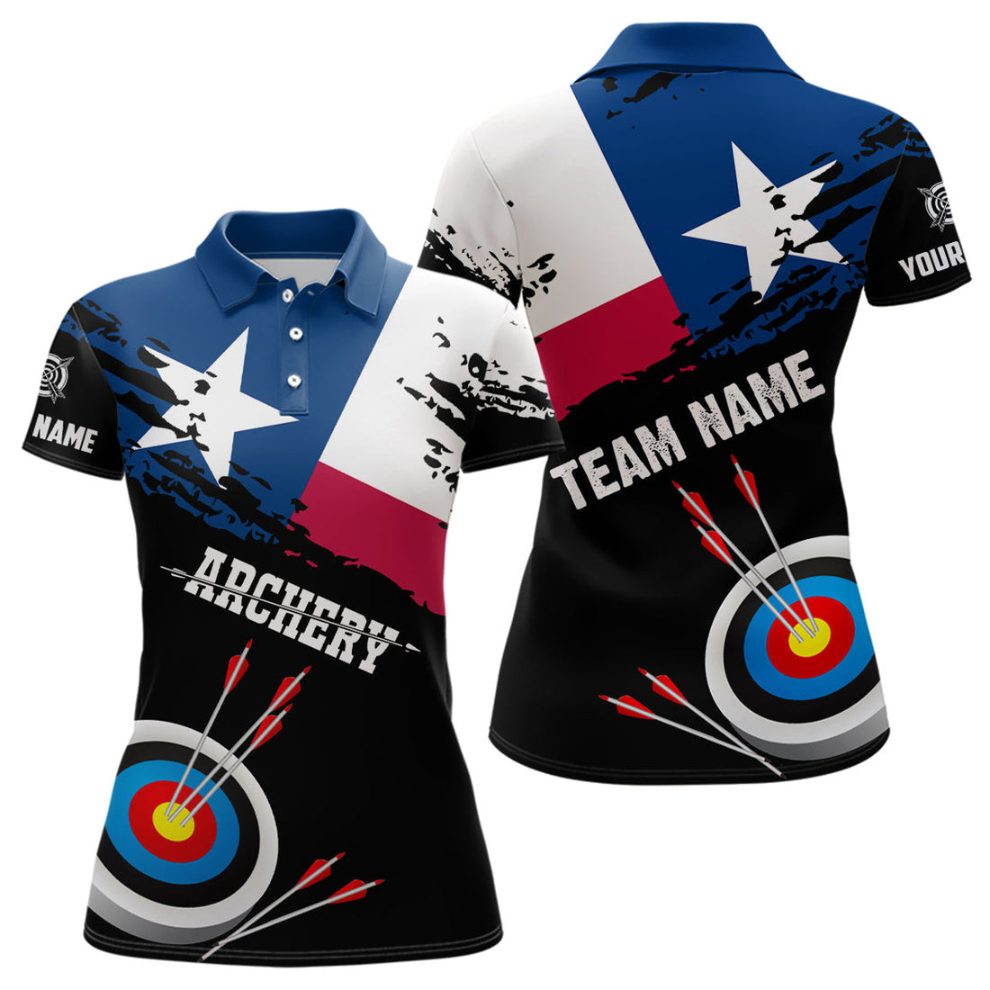 Custom Grunge Texas Archery Women Polo Shirts, Texas Flag Shirts For Archers, Archery 3d Target Shirt