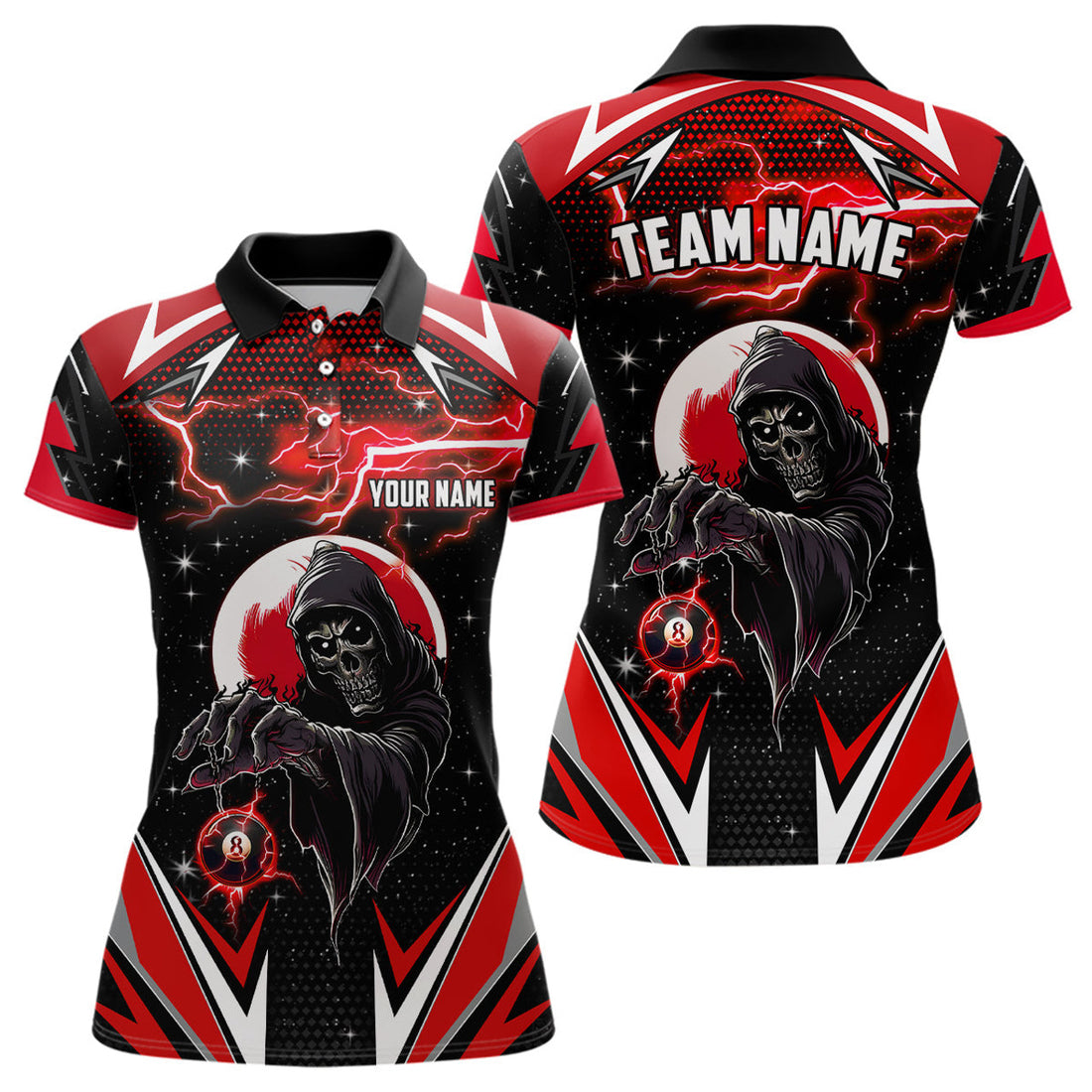 Custom Grim Reaper Red Billiard Jerseys For Women Custom Billiard Polo Shirts Team League Billiard Shirts
