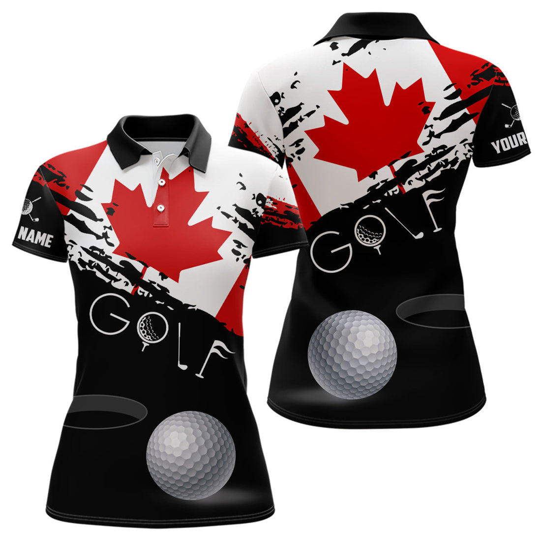 Custom Personalized Grunge Canada Flag Womens Golf Polo Shirts Custom Patriotic Canadian Golf Shirts