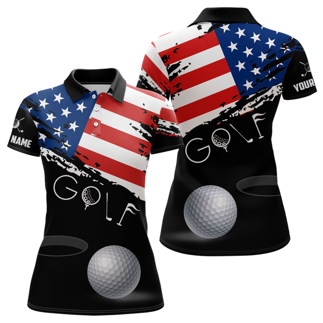 Custom Grunge American Flag Black Women Golf Polo Shirt Custom Patriotic 4Th Of July Golf Shirts, Golf Gift