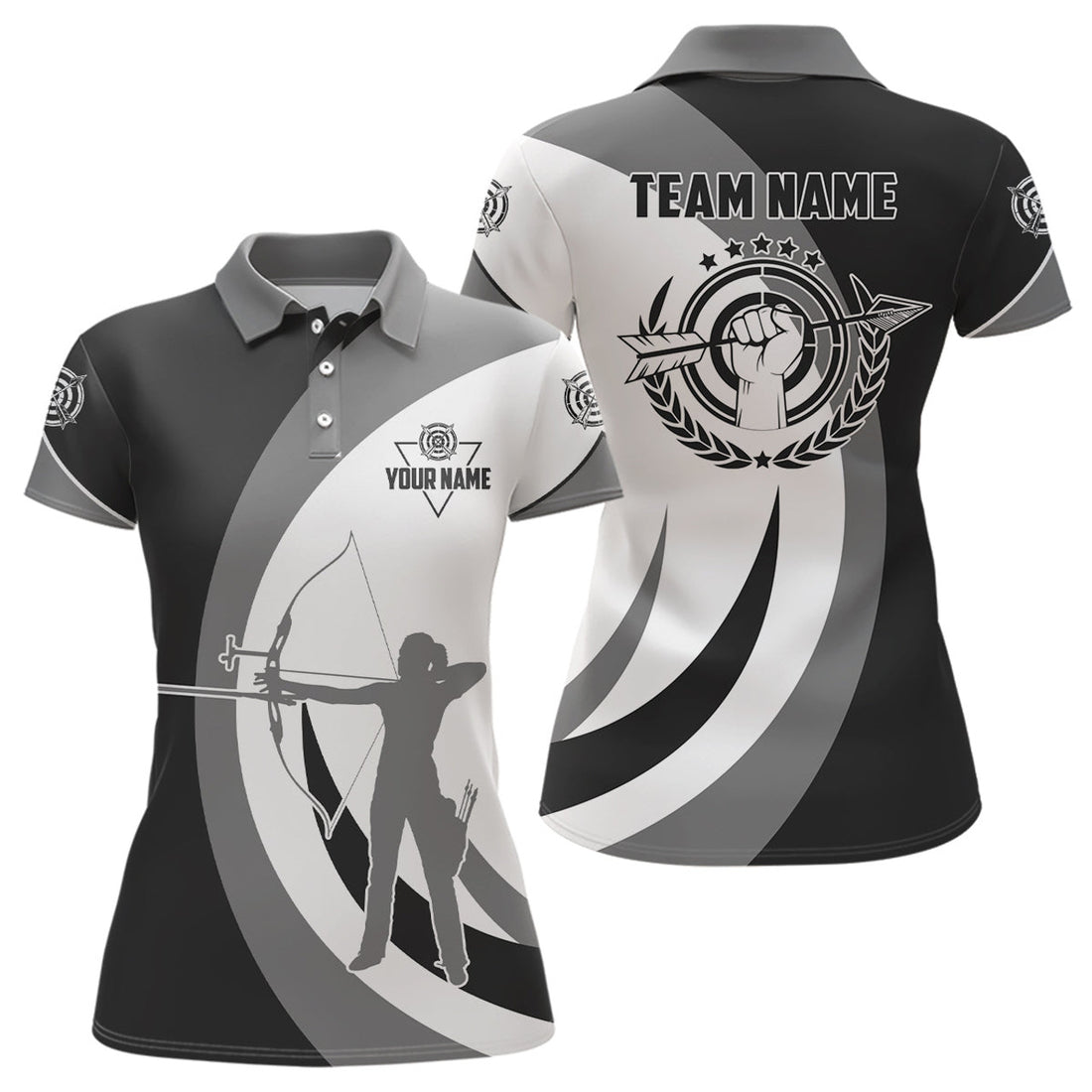 Custom Grey Black Silhouette Player Custom Archery Polo Shirts For Women, Archery Jerseys Uniform For Team