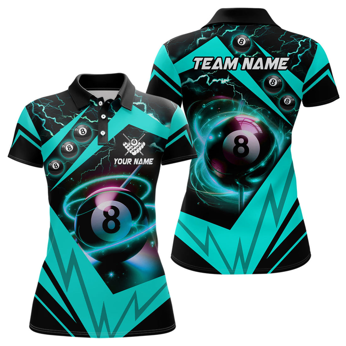 Custom Turquoise 8 Ball Pool Billiard Jersey For Women Custom Billiard Polo Shirt Team League Billiard Shirt