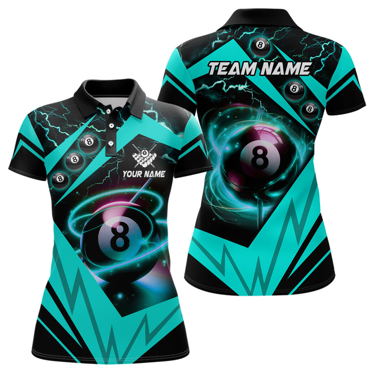 Custom Turquoise 8 Ball Pool Billiard Jersey For Women Custom Billiard Polo Shirt Team League Billiard Shirt