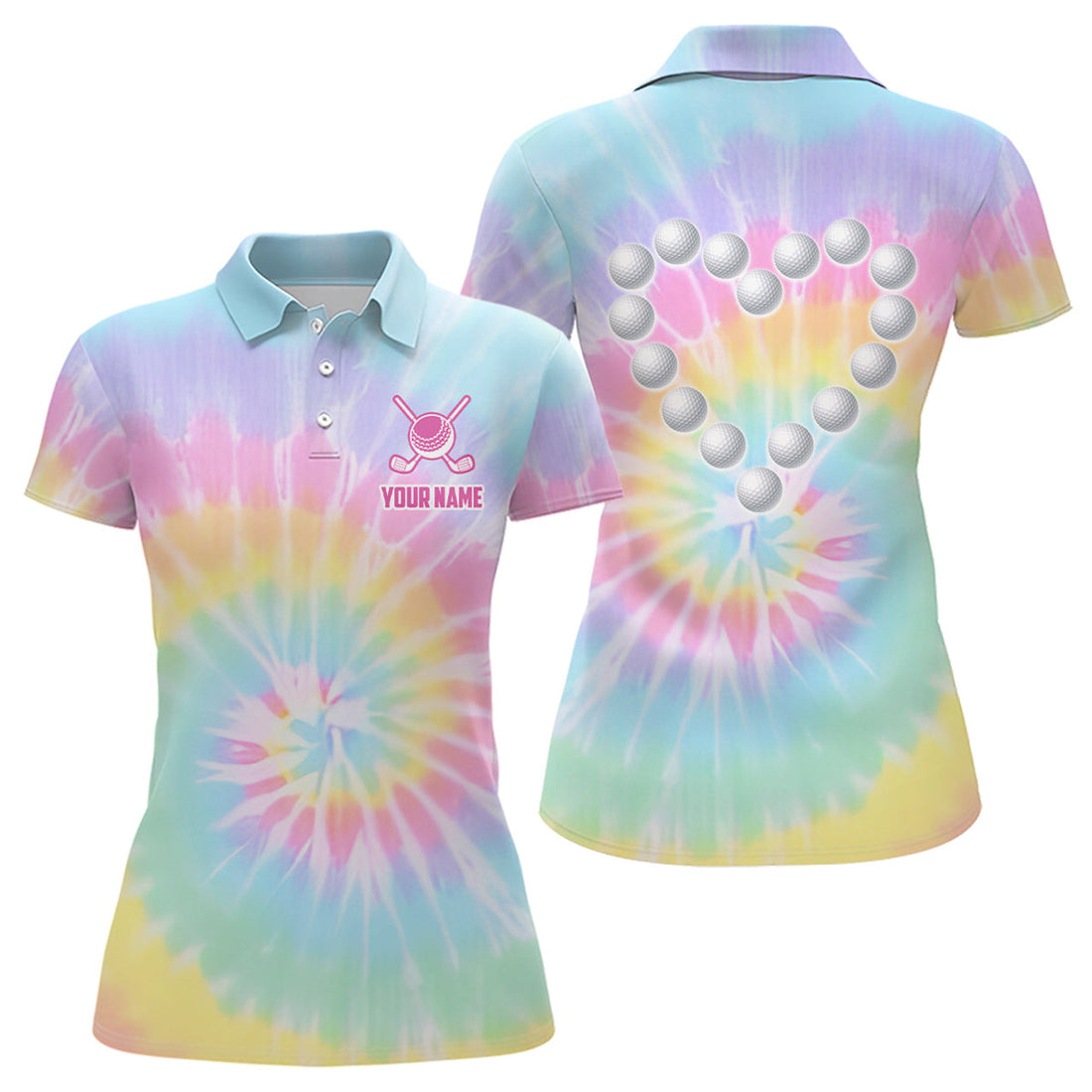 Custom Colorful Tie Dye Womens Golf Polo Shirt Custom Golf Ball With Heart Golf Outfit For Ladies, Golf Gift