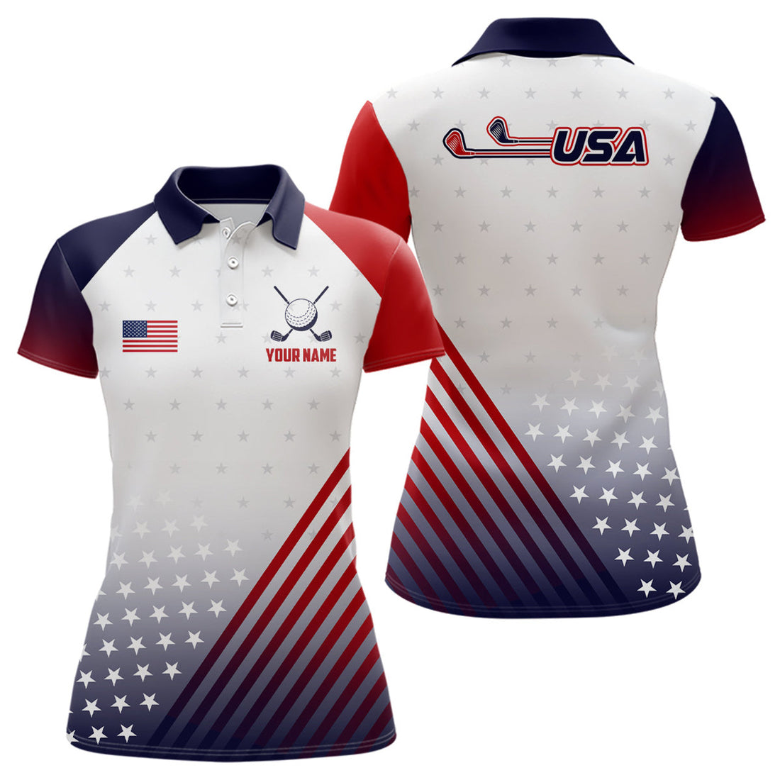 Custom Womens Golf Polo Shirts American Flag Custom Patriotic Team Golf Shirts For Ladies, Best Golf Gifts