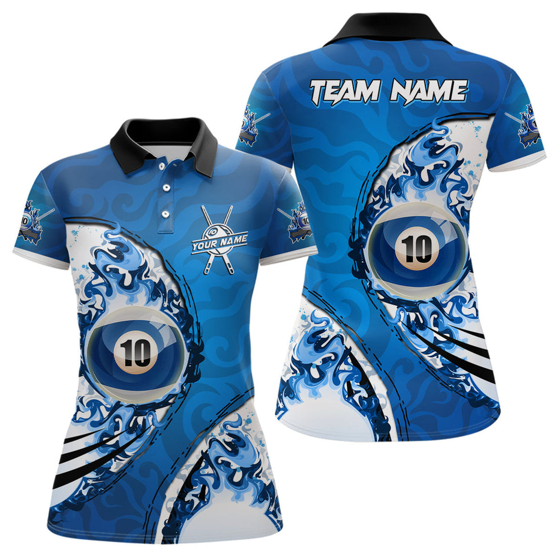 Custom Personalized Blue Flaming 10 Ball Billiards Women Polo Shirts, Custom 10 Balls Pool Player Shirts