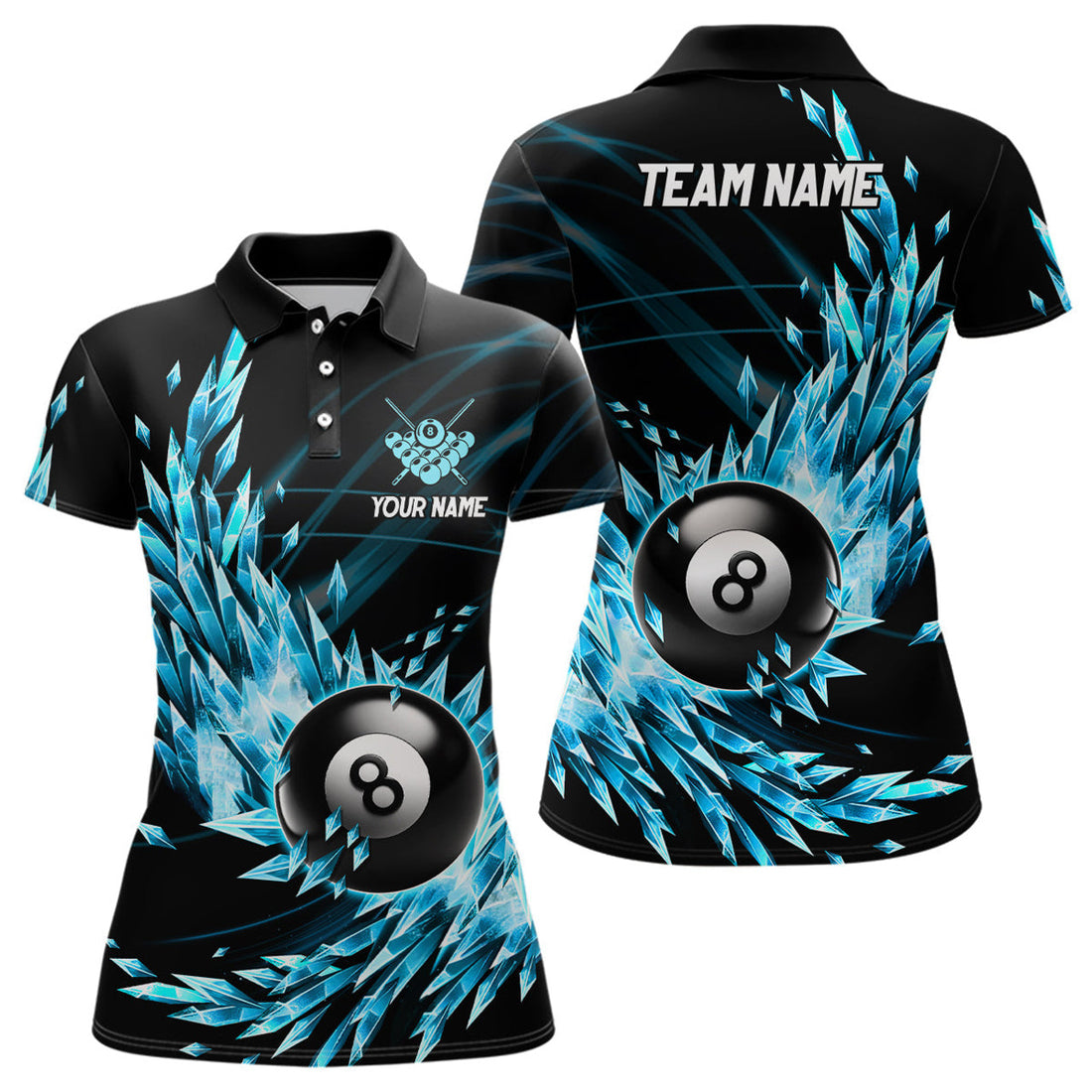 Custom 3D Blue Frozen Ice Women Billiard Polo Shirts Personalized 8 Ball Pool Billiard Attire Jerseys