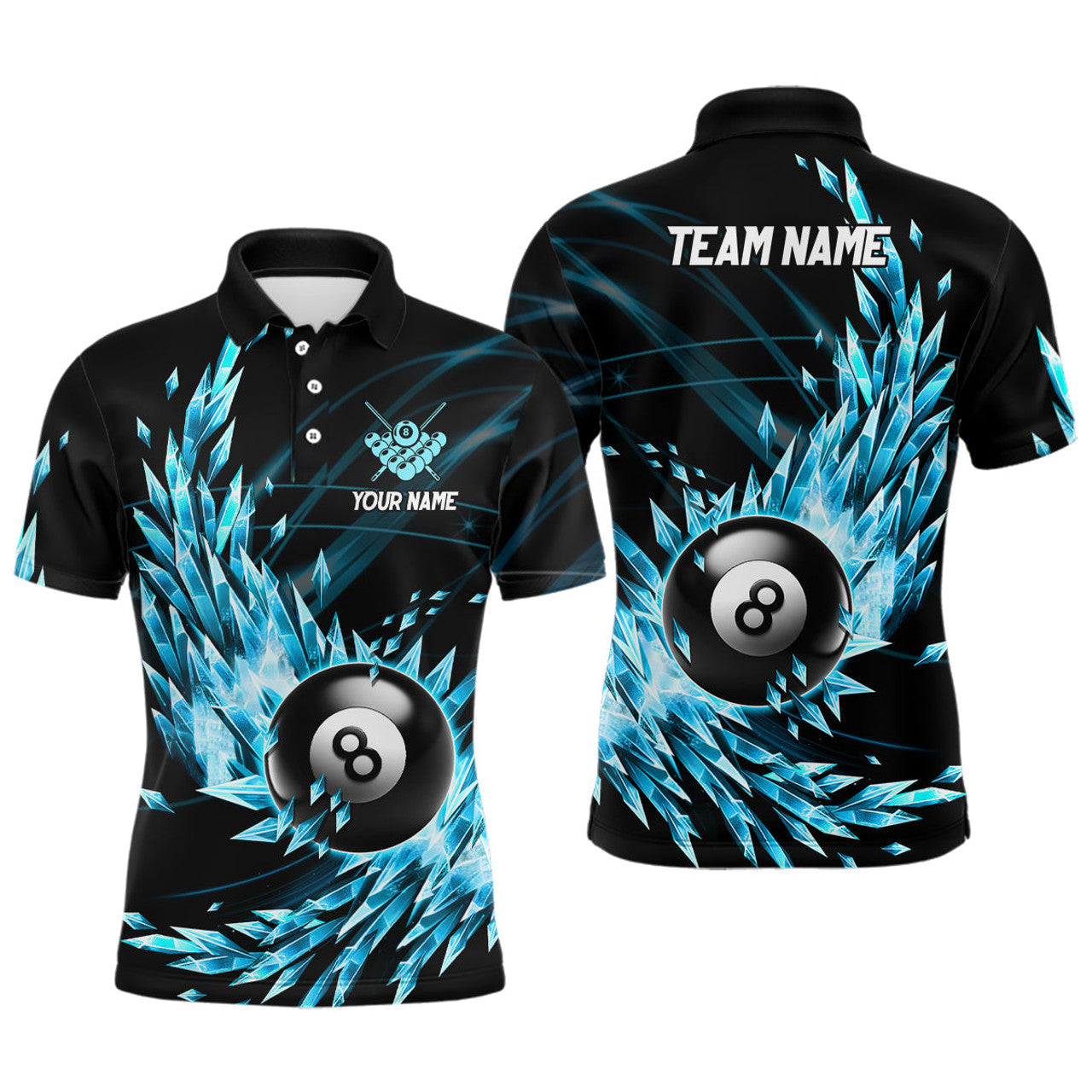 FUNSTUFFPRINT 3D Blue Frozen Ice Men Billiard Polo Shirts Personalized 8 Ball Pool Billiard Attire Polo Shirt Size S-5XL