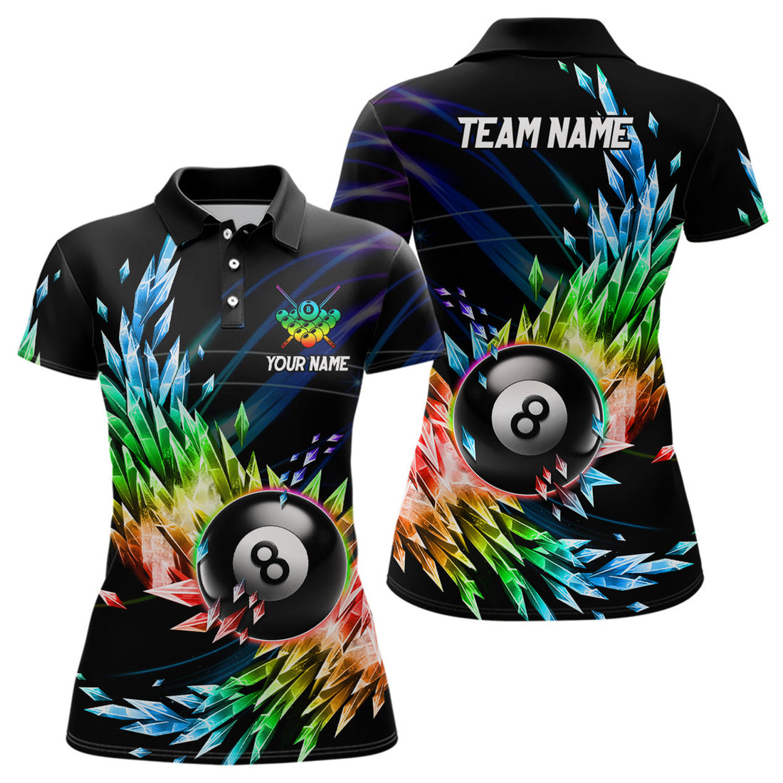 Custom 3D Colorful Frozen Ice Women Billiard Polo Shirts Personalized 8 Ball Pool Billiard Attire Jerseys