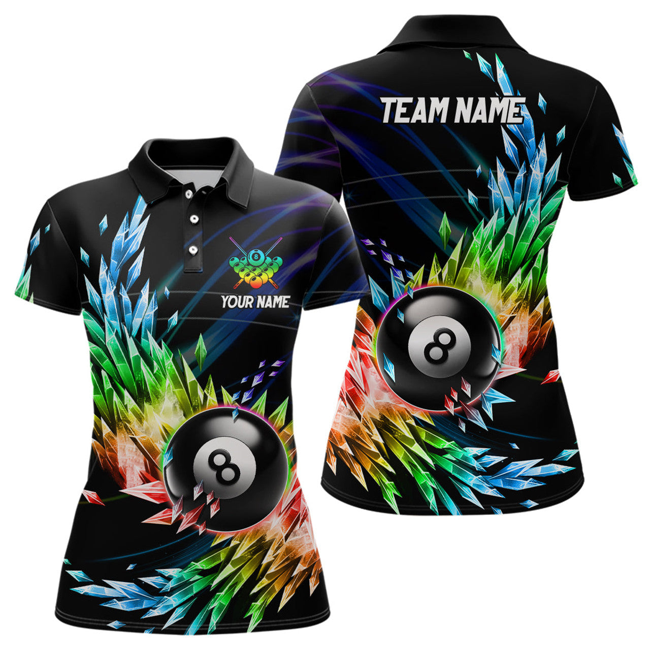 Custom 3D Colorful Frozen Ice Women Billiard Polo Shirts Personalized 8 Ball Pool Billiard Attire Jerseys