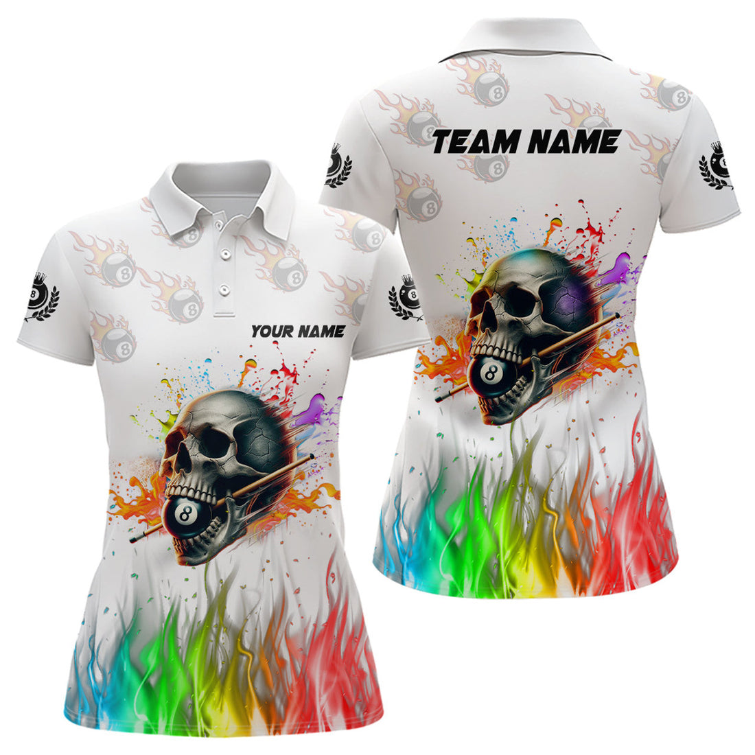 Custom Funny Colorful Billiard Skull Personalized Women Polo Shirts, Custom Team Name Billiard Attire