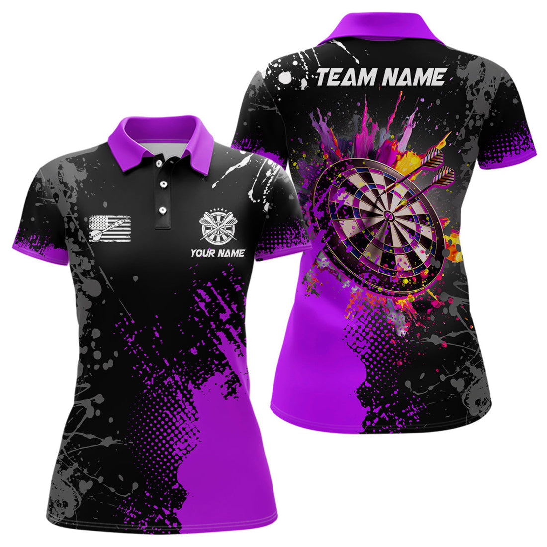 Custom Personalized Paint Purple 3D Dartboard Women Darts Polo Shirts Custom Dart Jerseys Attire For Team