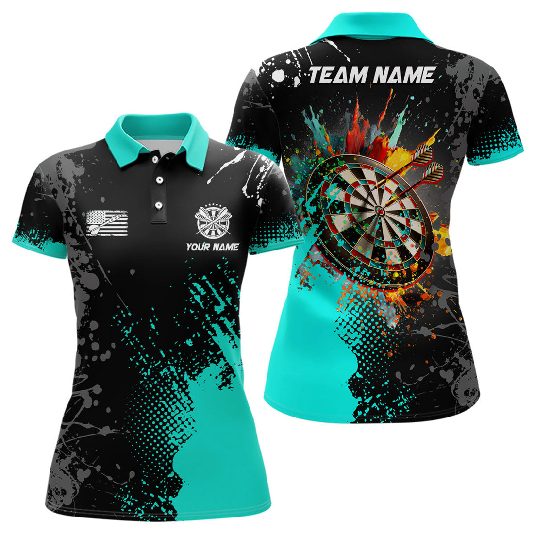 Custom Personalized Paint Turquoise 3D Dartboard Women Darts Polo Shirts Custom Dart Jersey Attire For Team