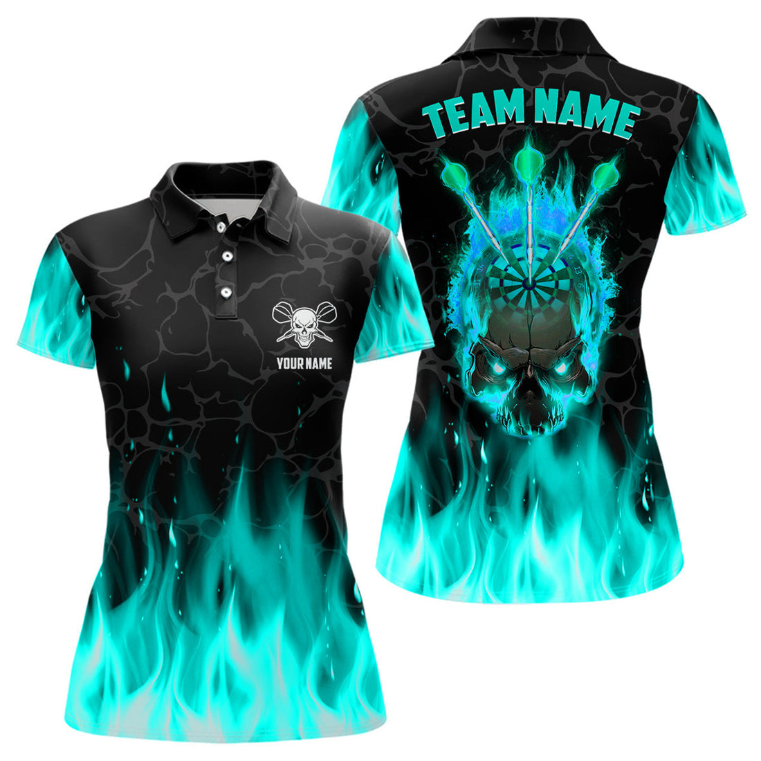 Custom Fire Flame Skull Womens Darts Polo Custom Scary Darts Team Jerseys | Turquoise