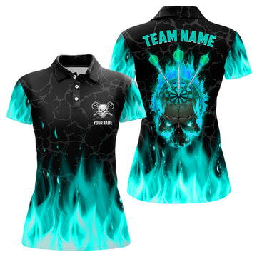 Custom Fire Flame Skull Womens Darts Polo Custom Scary Darts Team Jerseys | Turquoise