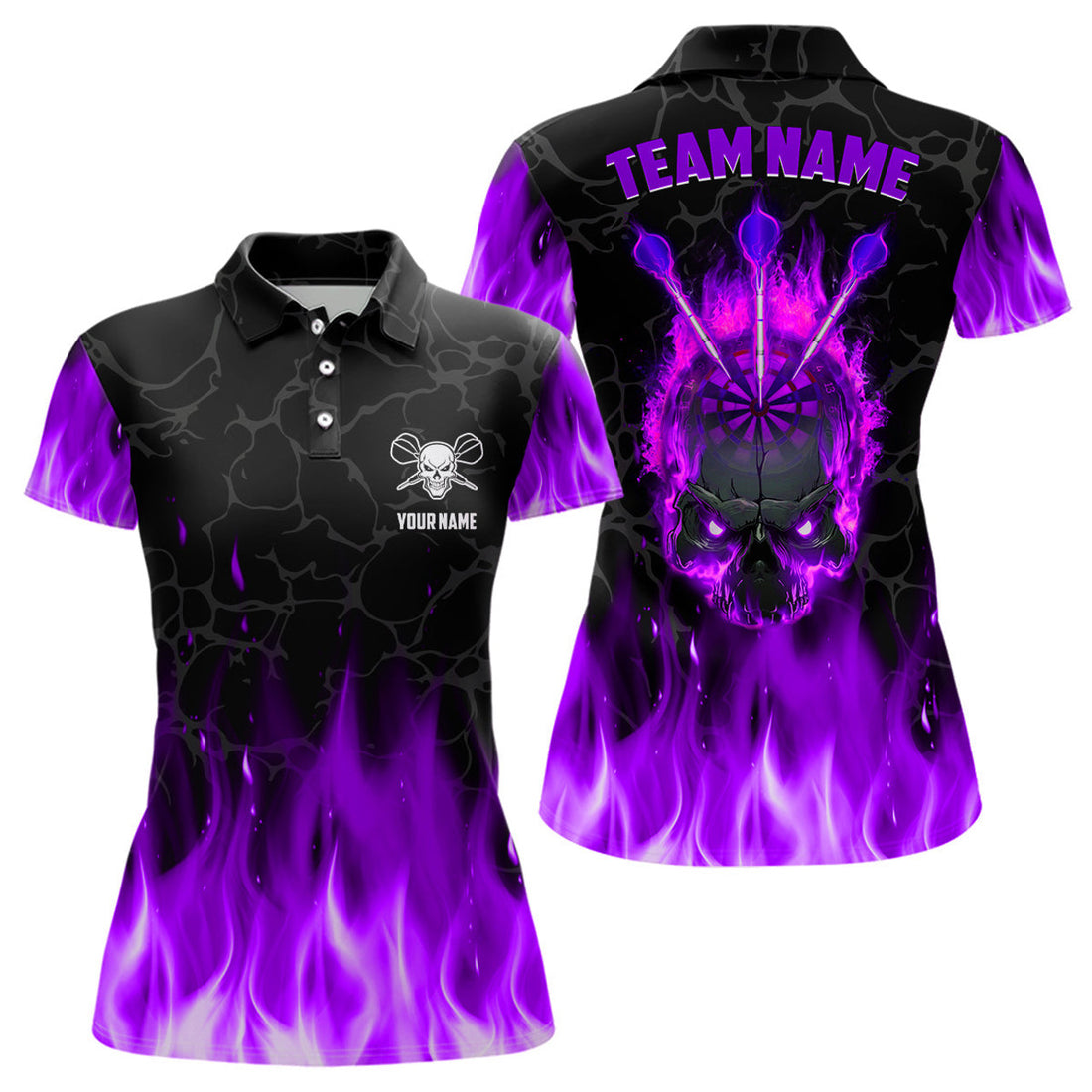 Custom Fire Flame Skull Womens Darts Polo, Custom Scary Darts Team Jerseys | Purple