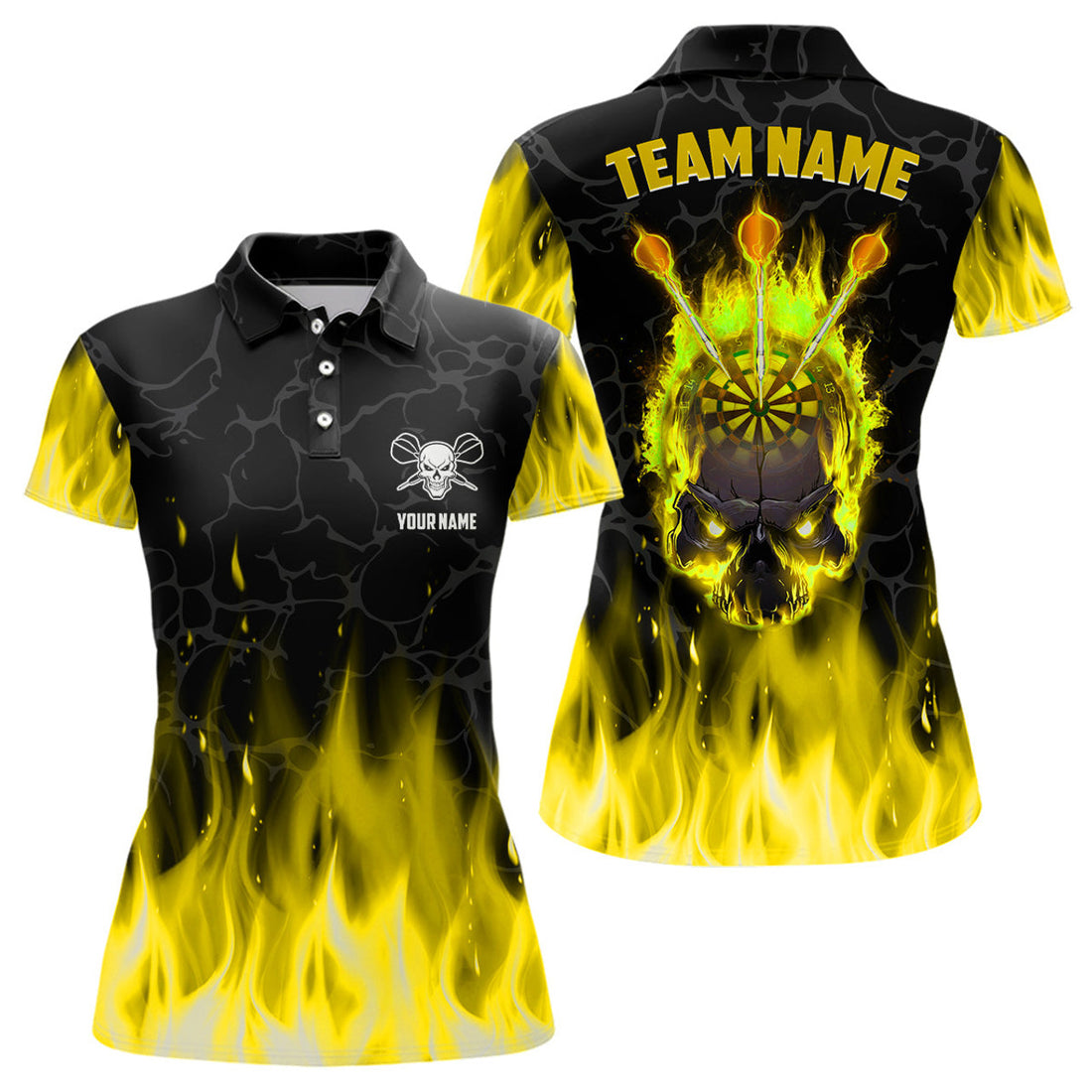 Custom Fire Flame Skull Womens Darts Polo, Custom Scary Darts Team Jerseys | Yellow
