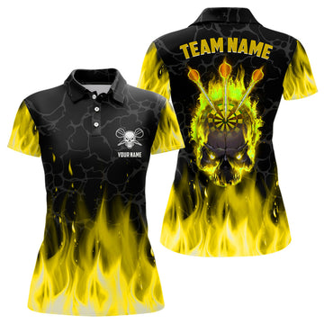 Custom Fire Flame Skull Womens Darts Polo, Custom Scary Darts Team Jerseys | Yellow