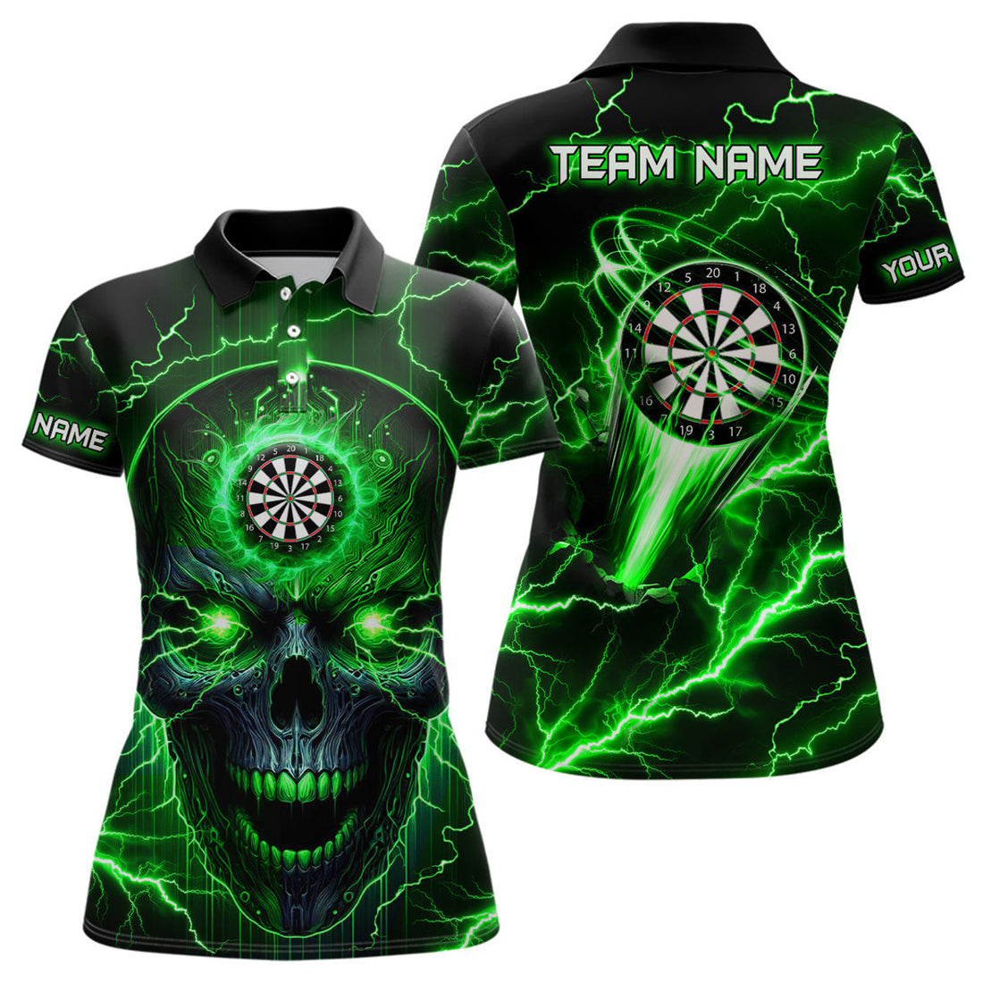 Custom Personalized Green Darts Skull Women Polo Shirts Custom Lightning Thunder Team League Darts Jersey