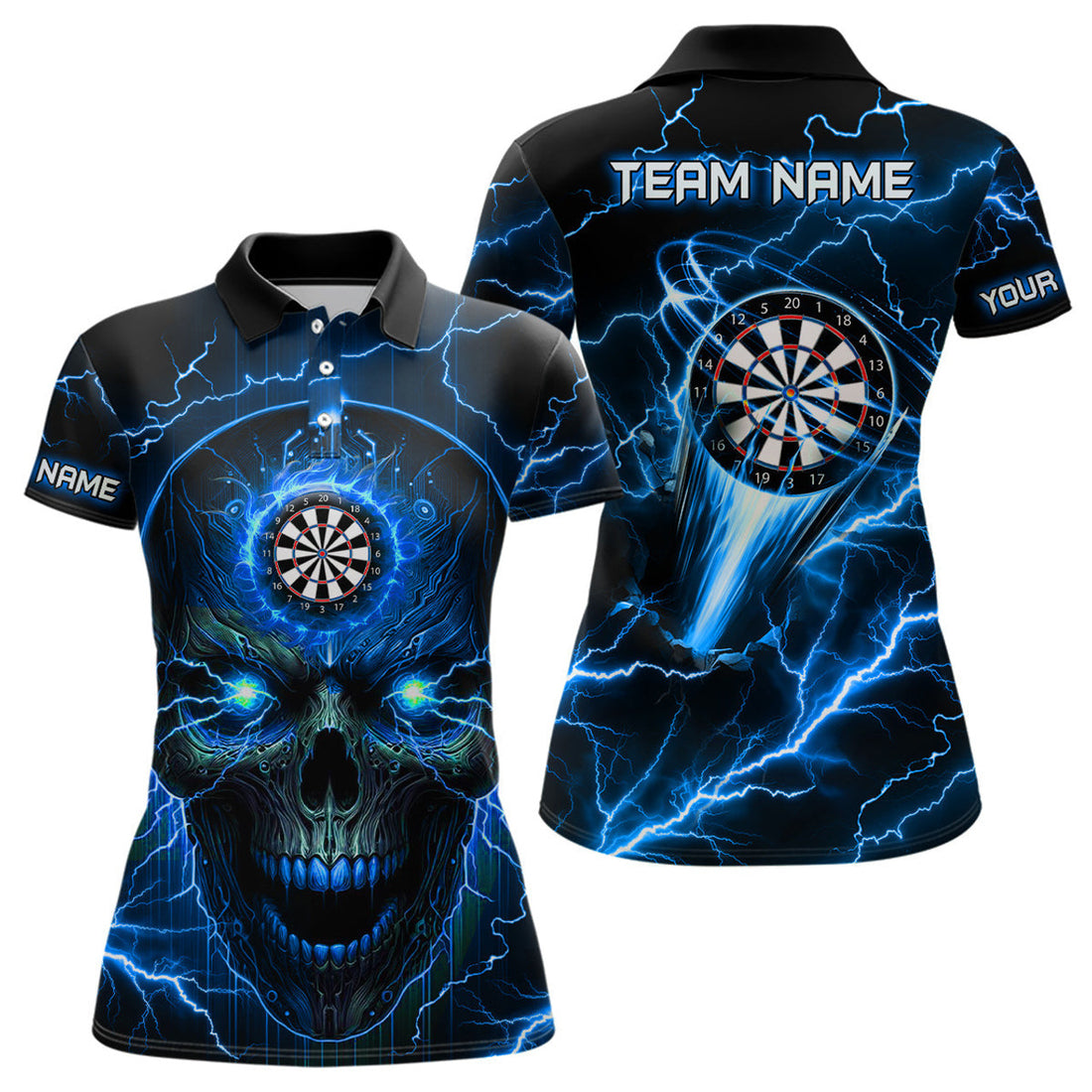 Custom Personalized Blue Darts Skull Women Polo Shirts Custom Lightning Thunder Team League Darts Jersey
