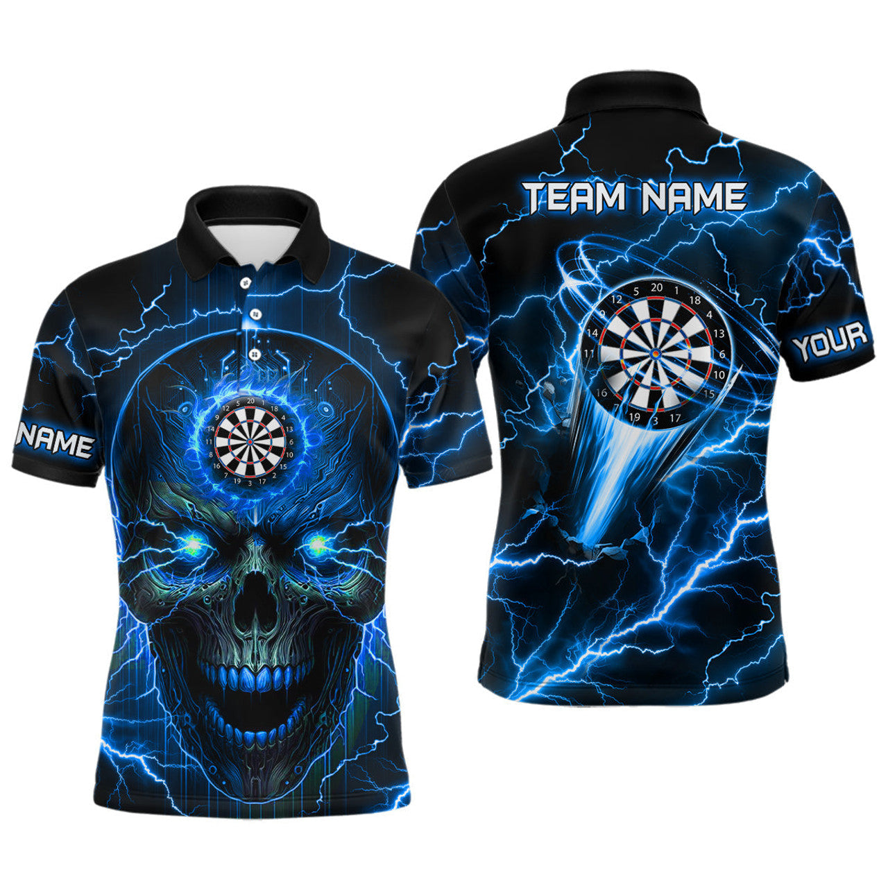 Personalized Blue Darts Skull Men Polo Shirts Custom Lightning Thunder Team League Darts Jersey