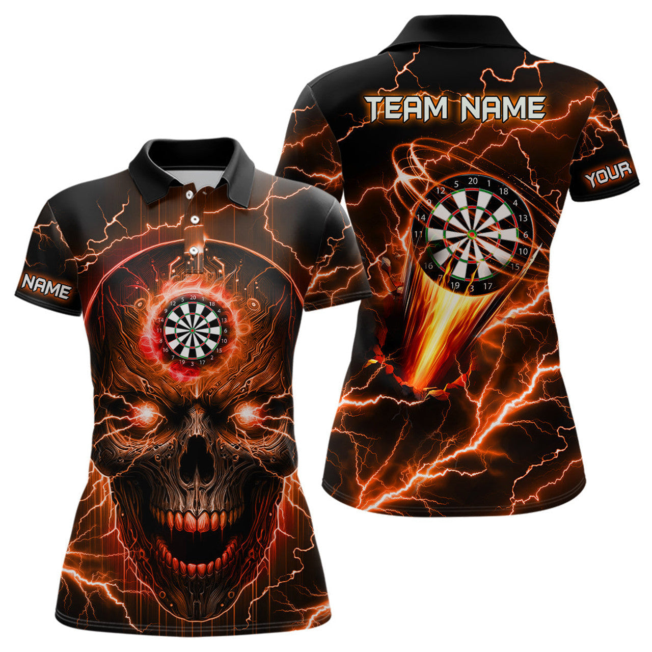 Custom Personalized Orange Darts Skull Women Polo Shirts Custom Lightning Thunder Team League Darts Jersey