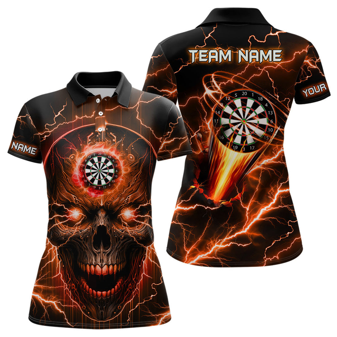 Custom Personalized Orange Darts Skull Women Polo Shirts Custom Lightning Thunder Team League Darts Jersey