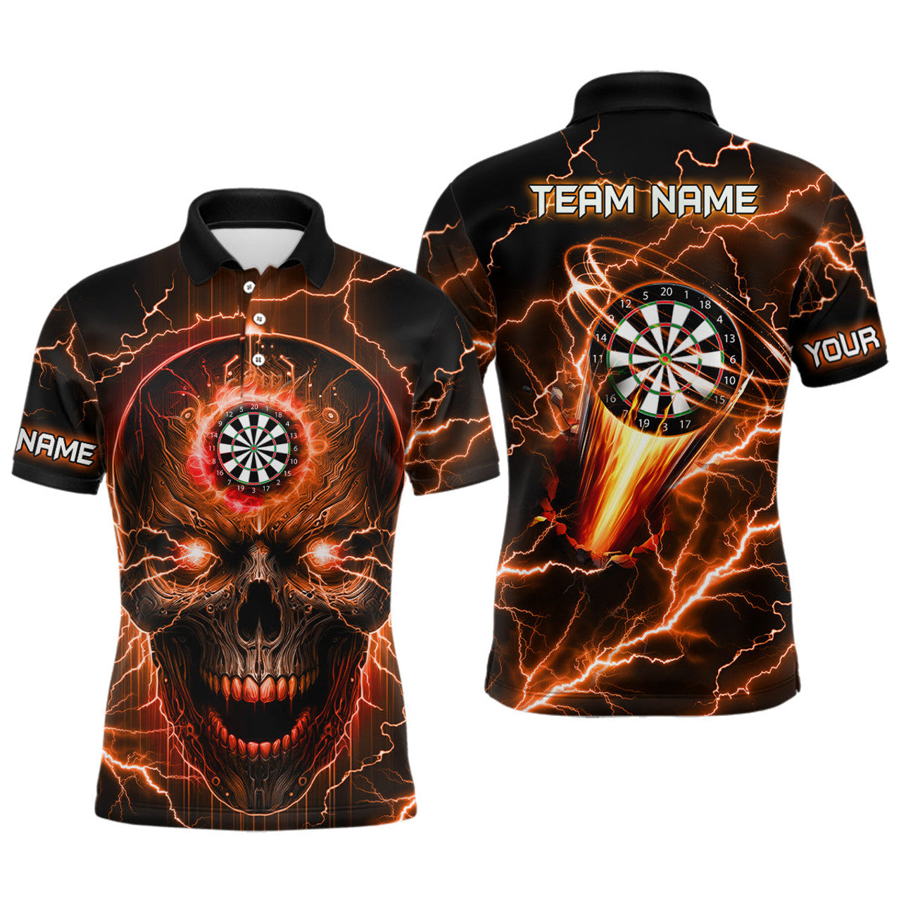 Personalized Orange Darts Skull Men Polo Shirts Custom Lightning Thunder Team League Darts Jersey