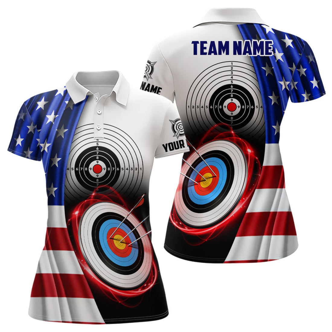 Custom American Flag Archery 3d Target Personalized Women Polo Shirts, Patriotic US Archery Jerseys For Team