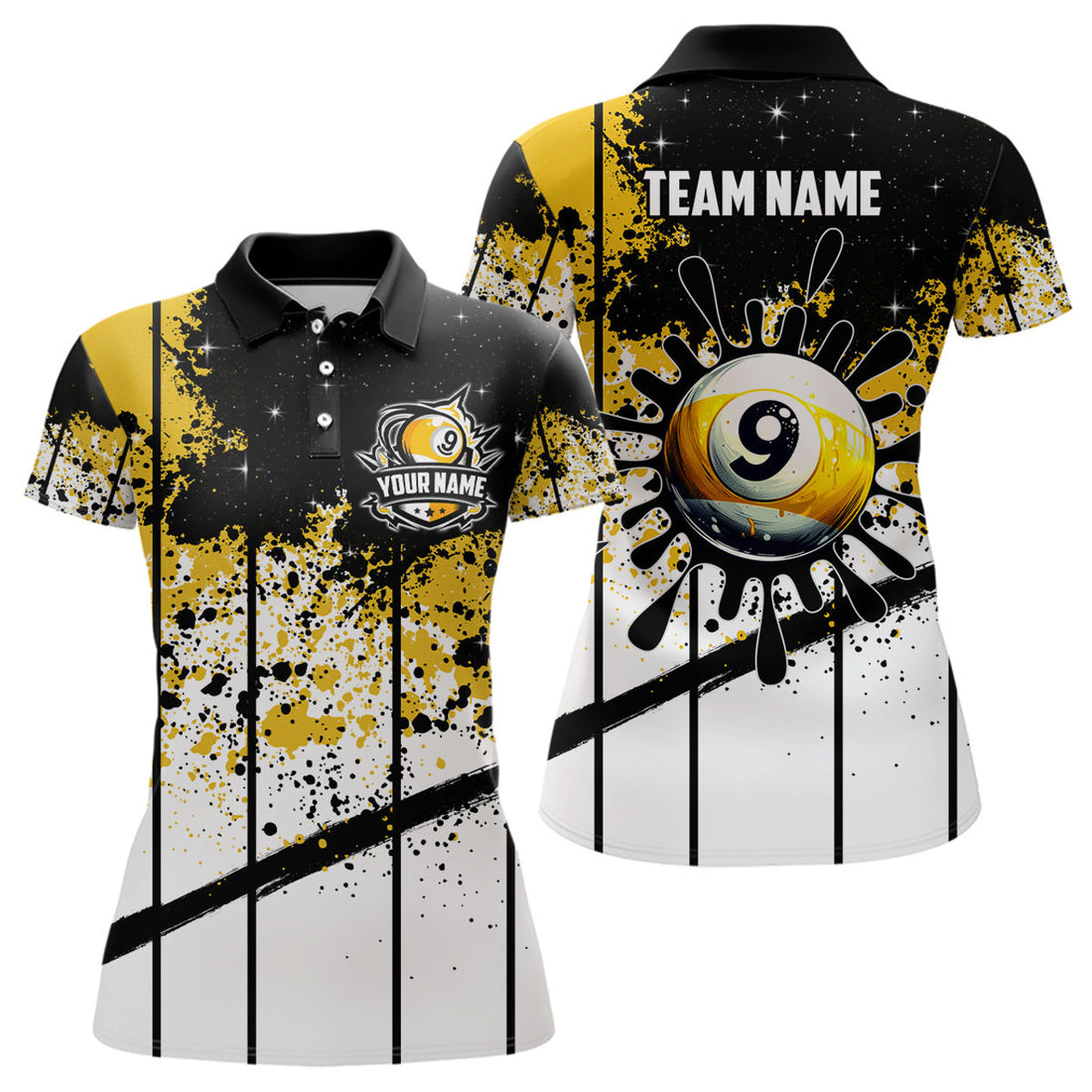Custom Personalized Billiard 9 Ball Grunge Style Women Polo Shirts, 9 Ball Pool Billiard Attire Jerseys