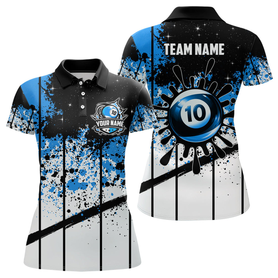Custom Personalized Billiard 10 Ball Grunge Style Women Polo Shirts, 10 Ball Pool Billiard Attire Jerseys