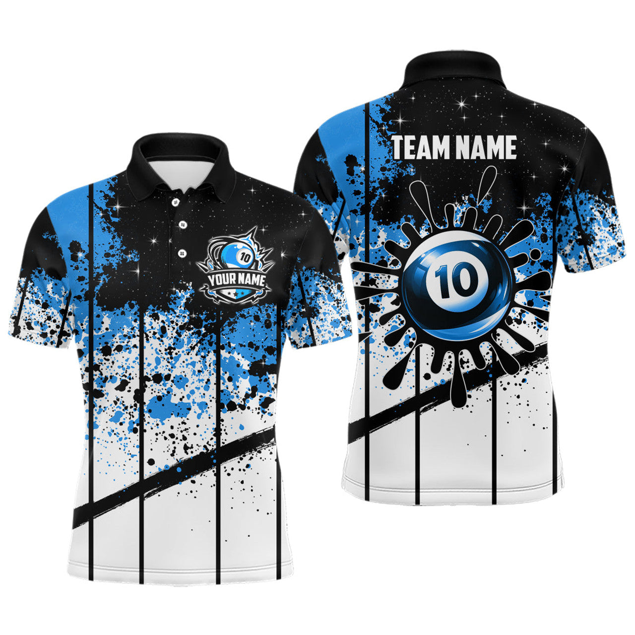 FUNSTUFFPRINT Personalized Billiard 10 Ball Grunge Style Men Polo Shirts, 10 Ball Pool Billiard Attire Polo Shirt Size S-5XL