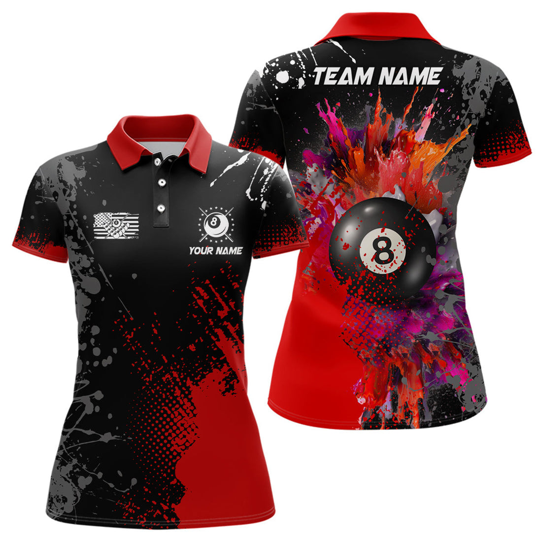 Custom Personalized Red Billiard Paint Style Women Polo Shirts Custom Billiard Outfit Idea For Team