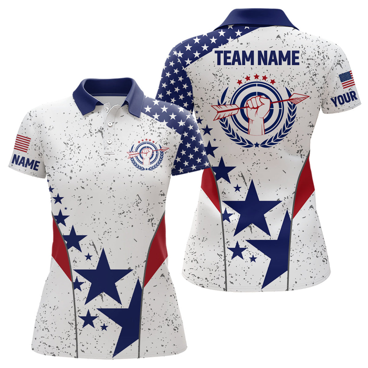 Custom Personalized Grunge US Flag Archery Polo Shirts For Women Custom Patriotic Archery Jerseys