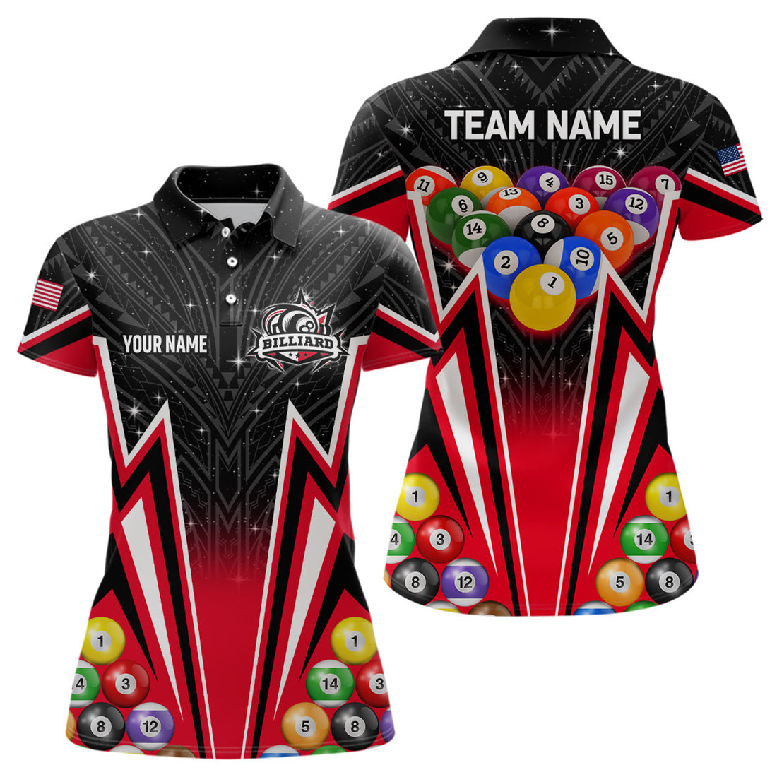 Customized Red 3D 8 Ball Billiard Jerseys Women Polo Shirts, 8 Ball Pool Team League Billiard Shirts